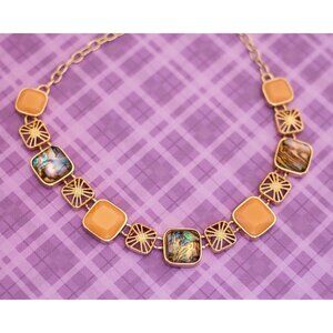 Vintage Iridescent Squares Gold Tone Elegant Bib Necklace 18 inch - V7